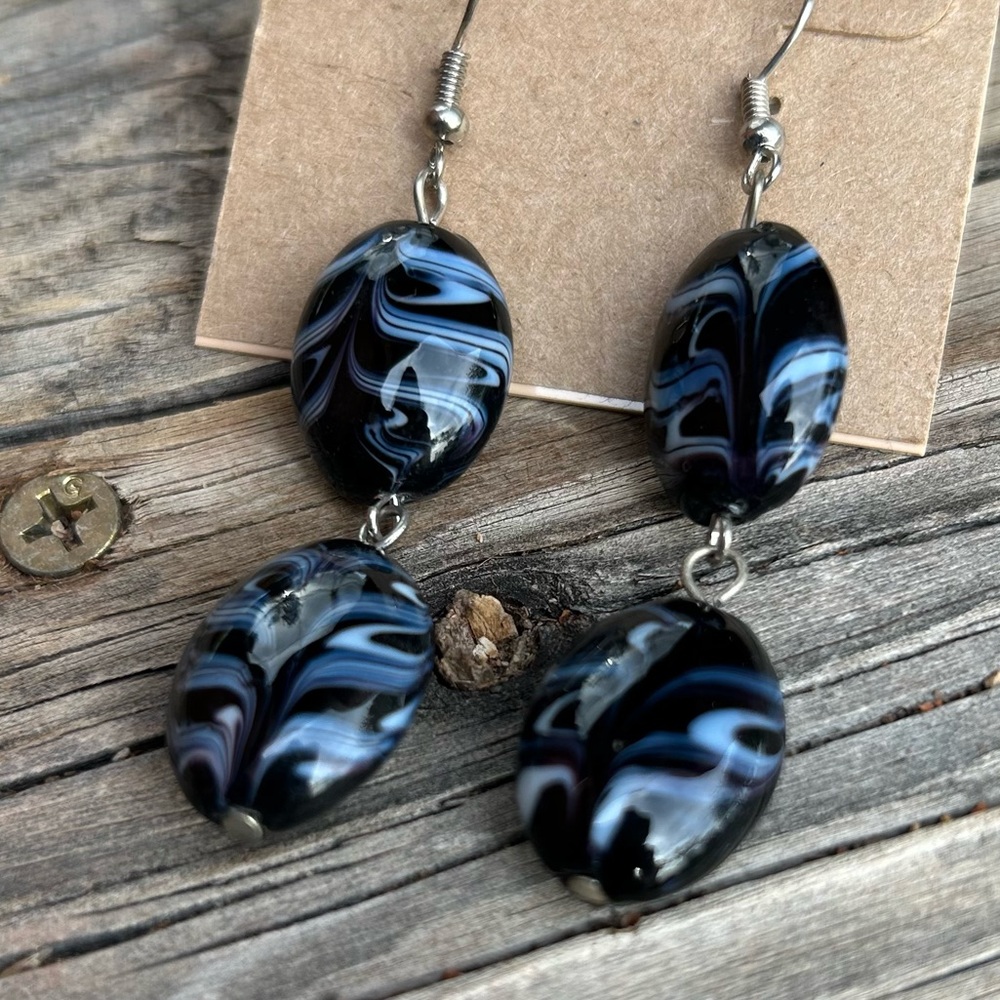 Navy Blue Marbled Double Layer Drop Earrings